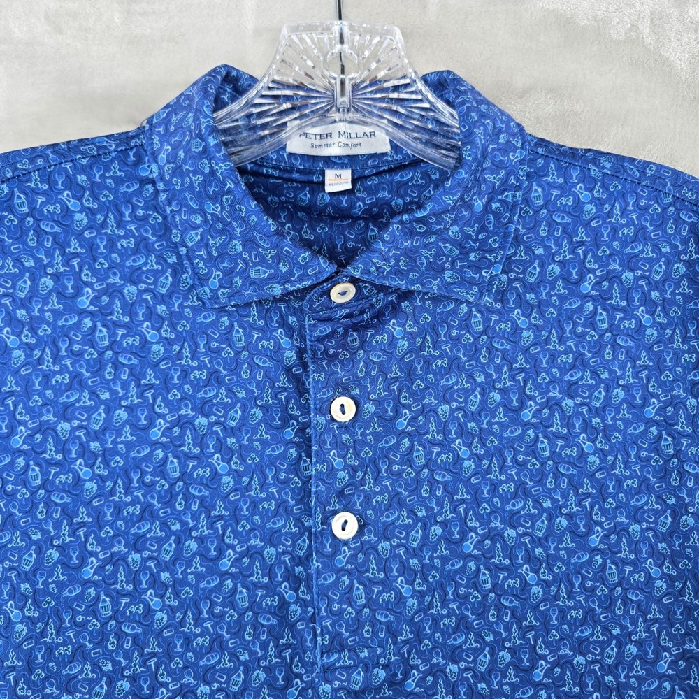 Peter Millar Polo Shirt Mens Medium Blue Wine Grapes Print Summer Comfort Golf